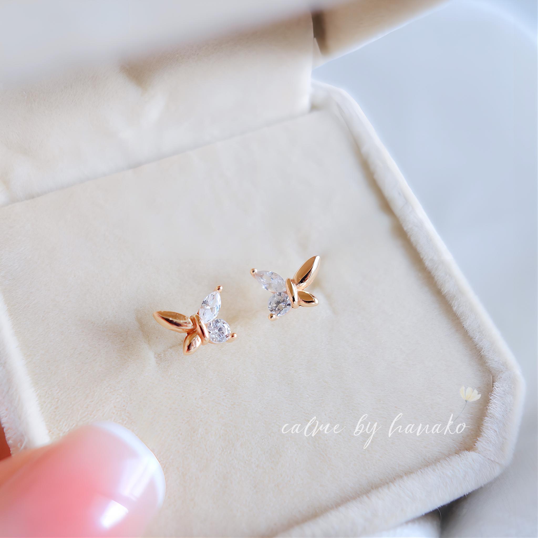 新作　シンプル　18K　高品質　上品　繊細　大人可愛い　ピンクゴールド　CZダイヤ　バタフライ　蝶々　ミニ　ピアス